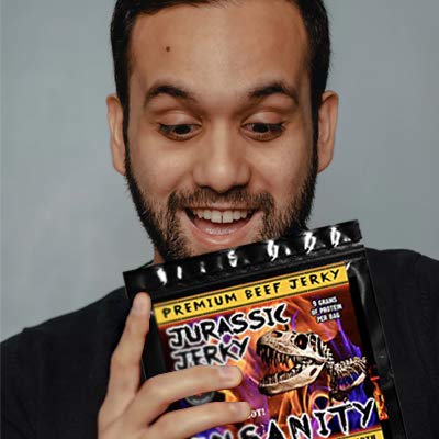 JURASSIC JERKY “INSANITY” HOT Beef Jerky made with the Ghost, Habanero & Carolina Reaper the Hottest Pepper on Earth! Can you handle the Heat? Take the INSANITY Challenge! (1 oz bag)