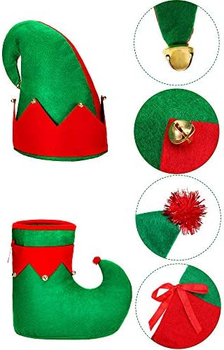 SATINIOR 4 Pieces Elf Christmas Women Costume Santa Elf Hat Elf Shoes Christmas Striped Tights Stocking Multicoloured