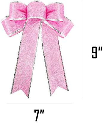 Beurio Pink Glitter Christmas Ribbon Bows Gifts Wreaths Wedding Party Decorations Hanging Ornaments, 6 pcs