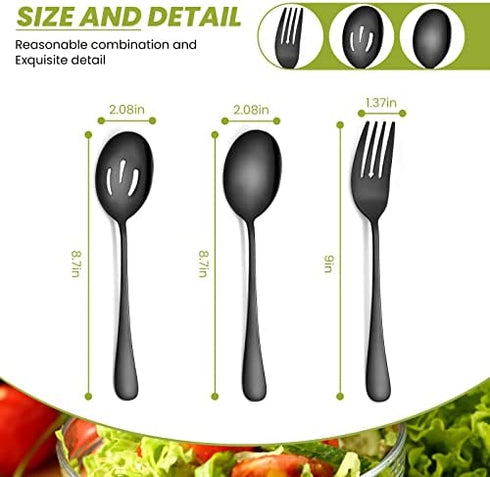 6 Pack Serving Spoons Set Includes 2 Serving Spoons 2 Slotted Serving Spoons and 2 Serving Forks Stainless Steel Buffet Dinner Restaurant Serving Spoons Set for Party Banquet, 8.7 Inch (Black)