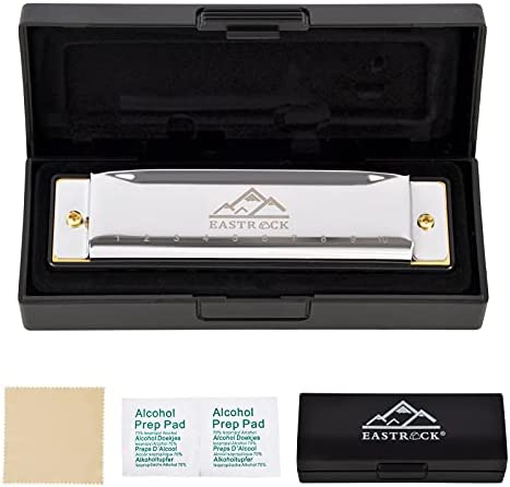 EastRock Blues Harmonica Mouth Organ Harp 10 Hole C Key with Case, Diatonic Harmonica for Beginner, Professional Player, Students gifts, Adult, Friends, Gift Silver