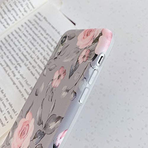YeLoveHaw iPhone XR Case for Girls, Flexible Soft Slim Fit Full-Around Protective Cute Shell Phone Case Cover with Purple Floral and Gray Leaves Pattern for iPhone XR 6.1 Inch (Pink Flowers)