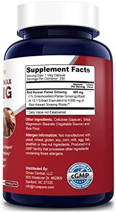 Red Korean Panax Ginseng 4,800mg 200 Veggie Caps (Non-GMO, Extract 12:1 & Gluten-Free)