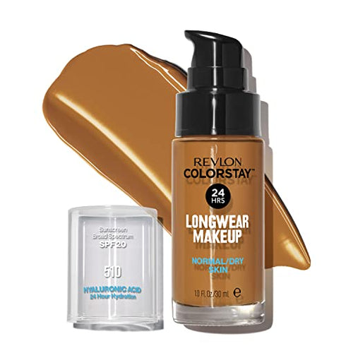 Liquid Foundation by Revlon, ColorStay Face Makeup for Halloween Makeup Kit, Normal & Dry Skin, SPF 20, Longwear Medium-Full Coverage with Natural Finish, Oil Free, 510 Pecan, 1 Fl Oz