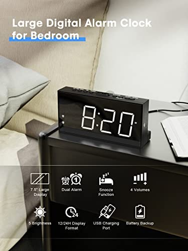 Digital Alarm Clock with USB Charger for Bedroom, 7" Large Display Bedside Clock with Battery Backup, Dual Alarm, Dimming Mode, Loud Alarm Clock for Heavy Sleeper, Bedroom Living Room Office Decor