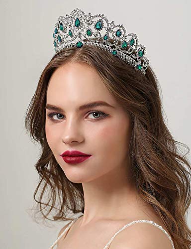 SWEETV Vintage Crystal Wedding Crown for Women, Green Rhinestone Queen Tiara Bridal Hair Accessories, Emerald