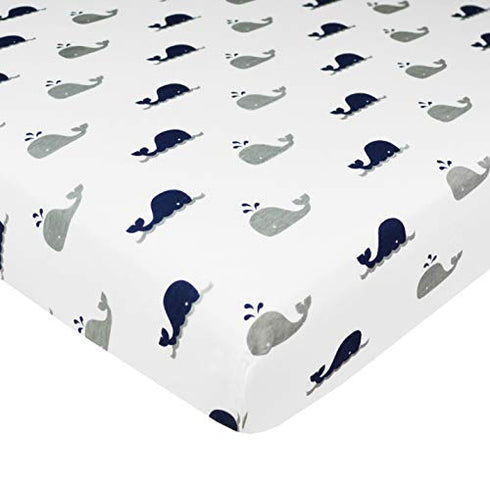 American Baby Company Printed 100% Natural Cotton Jersey Knit Fitted Portable/Mini-Crib Sheet, Navy Whale/Grey Zigzag, Soft Breathable, for Boys & Girls, Pack of 2