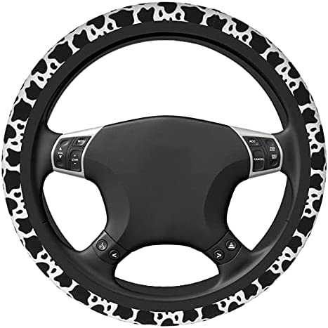 Black White Cow Print Steering Wheel Cover Universal 15 inch Cute Car Steering Wheel Wrap Cover for Women & Girls & Men