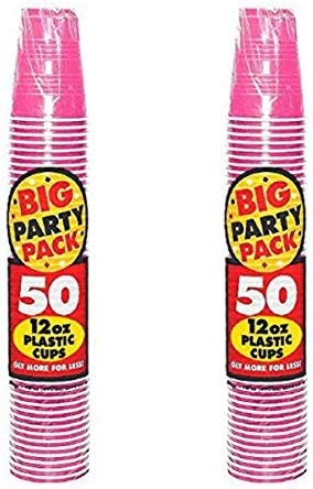 amscan Big Party Pack, Durable Plastic Cups, 12oz, Bright Pink