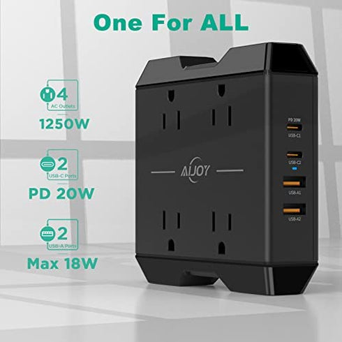 Power Strip with USB C, Aijoy 4 Outlets and 4 USB Ports, Desktop Charging Station with 20W USB C, 5 ft Extension Cord, Compact for Travel, Cruise Ship, Dorm Rooms, and Office, Black