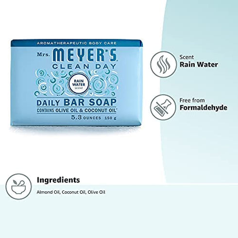 Mrs. Meyer's Bar Soap, Use as Body Wash or Hand Soap, Made with Essential Oils, Rain Water, 5.3 oz, 1 Bar