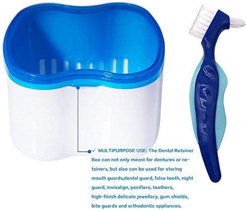Denture Case,Denture Cups Bath, Toothbrush with hard denture, Dentures Container with Basket Denture Holder for Travel,Mouth Guard Night Gum Retainer Container (Blue)