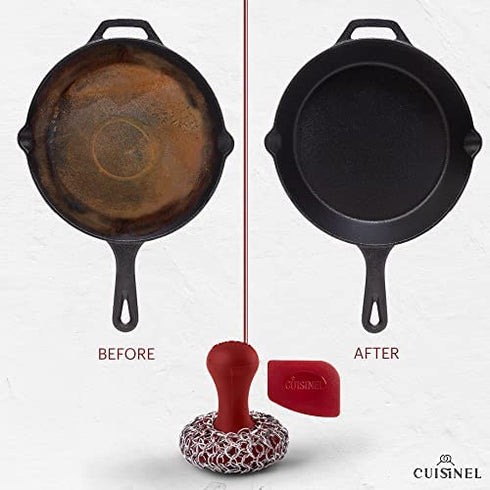 Cast Iron Chainmail Scrubber + Pan Scraper - Ergonomic Stainless and Silicone Cleaner for Pots and Skillets - Premium Food-Safe Design - Easy to Clean Dishwasher Safe Cookware Sponge Kitchen Accessory