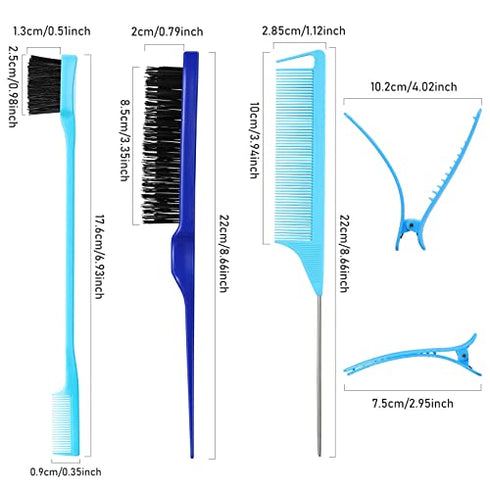 12 Pieces Hair Brush Set, Nylon Teasing Hair Brushes 3 Row Salon Teasing Brush, Double Sided Hair Edge Brush Smooth Comb Grooming, Rat Tail Combs with Duckbill Clips for Women Girls (Blue)