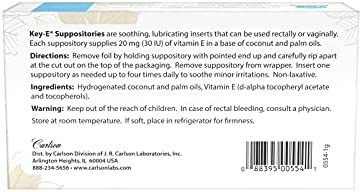 Carlson - Key-E Suppositories, 30 IU Vitamin E Suppository, Lubricates Dry Areas, Treatment for Women and Men, Vaginal & Rectal, 24 Count
