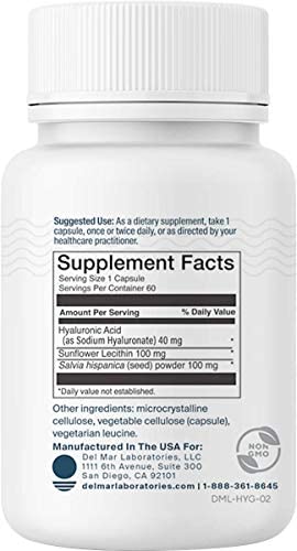 Del Mar Laboratories HydraGlo - Dietary Hyaluronic Acid Supplement - Aging and Joint Health Support - Helps Restore Smooth, Supple Skin - 60 Veggie Capsules
