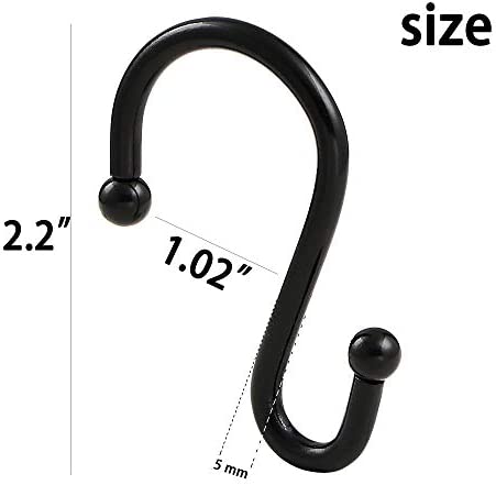 Metal Shower Curtain Hooks,Rust Resistant S Shaped Shower Curtain Rings,Shower Hooks for Bathroom,Decorative Shower Hooks for Curtain Rod,Set of 12 (Black)