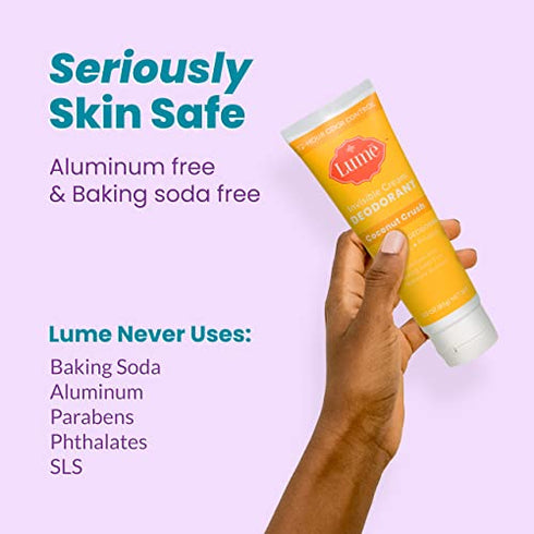 Lume Deodorant Cream Tube - Underarms and Private Parts - Aluminum Free, Baking Soda Free, Hypoallergenic, and Safe For Sensitive Skin - 3oz Tube (Coconut Crush)