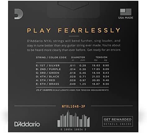 D'Addario Guitar Strings - NYXL Electric Guitar Strings - NYXL1046-3P - Unrivaled Strength, Tuning Stability, Enhanced Mid-Range - For 6 String Guitars - 10-46 Regular Light, 3-Pack