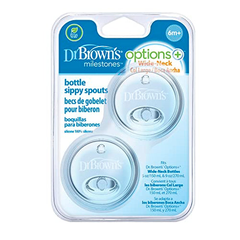 Dr. Brown’s® Milestones™ Options+™ Sippy Spouts, 2-Pack Wide-Neck, Soft 100% Silicone Baby Bottle Sippy Spout, 6m+
