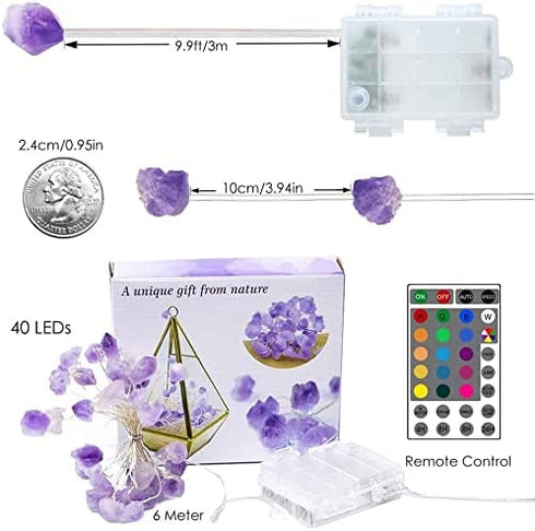 Natural Amethyst Battery Operated String Lights, Crystal Indoor String Lights USB Powered Decorative Lights 14ft 40 LEDs with Remote for Bedroom Healing Reiki Meditation Wedding Valentines Day Decor