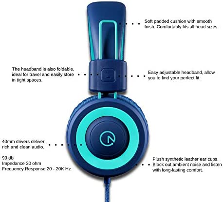 Kids Headphones - noot products K11 Foldable Stereo Tangle-Free 3.5mm Jack Wired Cord On-Ear Headset for Children/Teens/Boys/Girls/Smartphones/School/Kindle/Airplane Travel/Plane/Tablet (Navy/Teal)