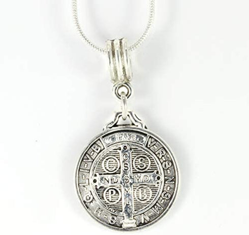 St Benedict Necklace | St Benedict Medals Pendant on a 22 inch Silver Plated Snake Chain Medallas de Hombre Gift for Men or Women Medalla de San Benito Saint Benedict Necklace of Protection