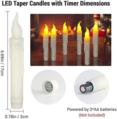 Ymenow LED Taper Candles with 6H Auto Timer, 6pcs Flickering Flameless Electric Candlesticks Battery Operated Candles for Home Room Party Christmas Decorations - Warm Yellow