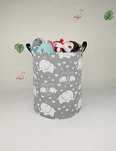DUYIY Canvas Storage Basket with Handle Large Organizer Bins for Dirty Laundry Hamper Baby Toys Nursery Kids Clothes Gift Basket (love elephant)