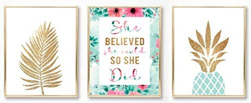 Brooke & Vine Gold Pineapple, She believed she could so she Did- Inspirational Teen Girl Room Wall Decor Art Prints (UNFRAMED 8 x 10) Women, Tween, Kids Motivational Wall Art for Bedroom, Office, Home - Gold Palm Aqua Pineapple