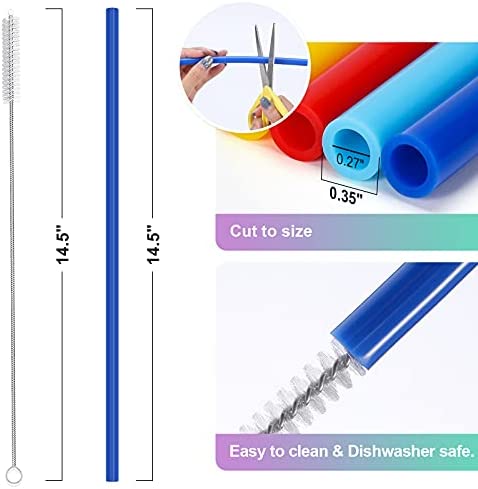 12 Pack, Extra Long 14.5 inch Reusable Silicone Straws for Large Water Bottle -Wine Bottle - 1 Gallon 128 75 64 OZ Tumbler - Flexible Drinking Straws for Extra Tall Cups - 2 Cleaning Brushes