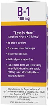 Superior Source Vitamin B1 (Thiamin), 100 mg, Under The Tongue Quick Dissolve Sublingual Tablets, 100 Count, Increased Metabolism and Energy Production, Nervous System Support, Non-GMO