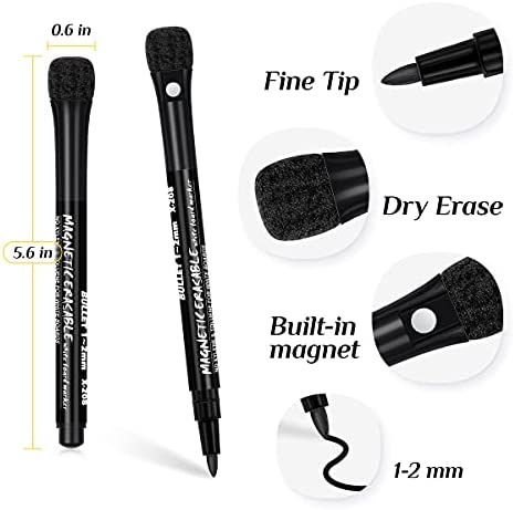 Magnetic Dry Erase Markers Fine Point - 12 Pack White board Markers with Eraser Cap for Kids, Black Low Odor Erasable Ultra Fine Tip Dry Erase Whiteboard Markers - School & Office Supplies