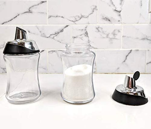 J&M Design Sugar Dispenser Shaker w/ Pour Spout For Coffee Bar Accessories , Tea Organizer Station Essentials , Coffee Gifts & Kitchen Baking w/ Easy Spoon Pouring Lid - 7.5oz Glass Jar Container Bowl