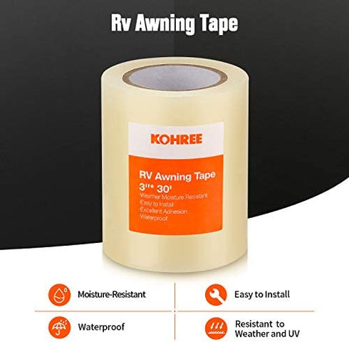 Kohree RV Awning Repair Tape Clear, 3 Inches x 30 Foot, Waterproof Rips Stop Patch for Vinyl, Tent Patch Tape for Awning, Camper, RV punctures, Canopy, Greenhouse, Canvas, Boat Cover, Boat Sails