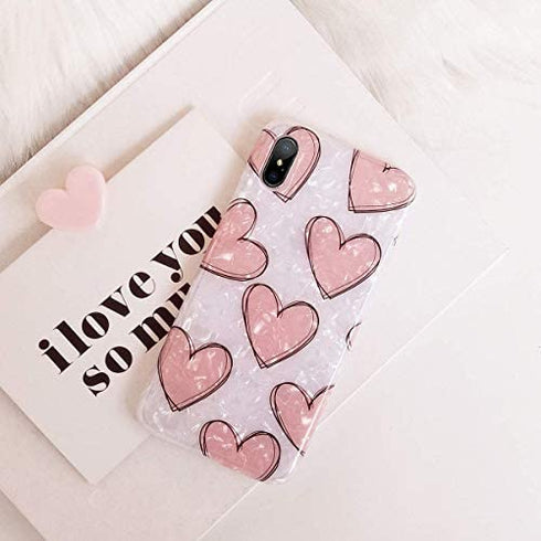 J.west iPhone XR Case 6.1-inch Luxury Cute Pink Heart Design Sparkle Translucent Pearly-Lustre Love Pattern Print Flexible Slim Soft Silicone Rubber Protective Phone Case Cover for Girls Women
