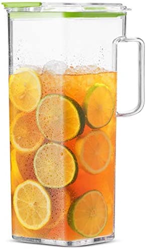 Komax Large Plastic Water Pitcher with Lid Square Water Carafe with Lids – BPA-Free, Dishwasher Safe Plastic Pitcher – Water, Tea, or Juice Containers with Lids for Fridge (2.3 Liters)