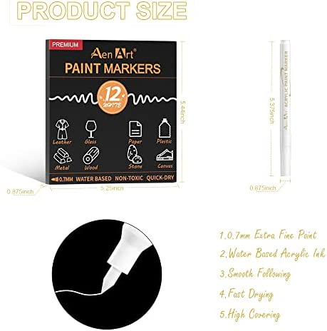 Acrylic Paint Pens, 12 Pack White Paint Pen for Rocks Painting | 0.7mm Acrylic Marker Pen for Stone Ceramic Glass Wood Plastic Glass Metal Canvas, Drawing