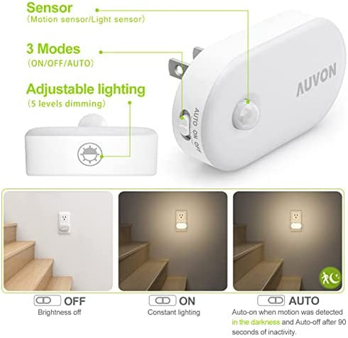 AUVON Night Light Plug in, Bright Motion Sensor Night Light (120 Lumens), Dimmable Smart LED Night Lights Plug Into Wall, 1-120lm Brightness Nightlight for Bathroom, Hallway, Garage, Toilet (4 Pack)