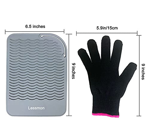 Flat Iron Travel Mat, Curling Iron Counter Protector with Heat Resistant Glove for Curling Irons, Hair Straightener, Flat Irons and Hair Styling Tools, 9” x 6.5”, Gray by Lessmon