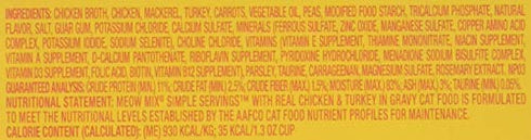 Meow Mix Simple Servings 2 Single Serve Cuos with Real Chicken & Turkey in Gravy (4-Packs) (Total 8- Single Servings