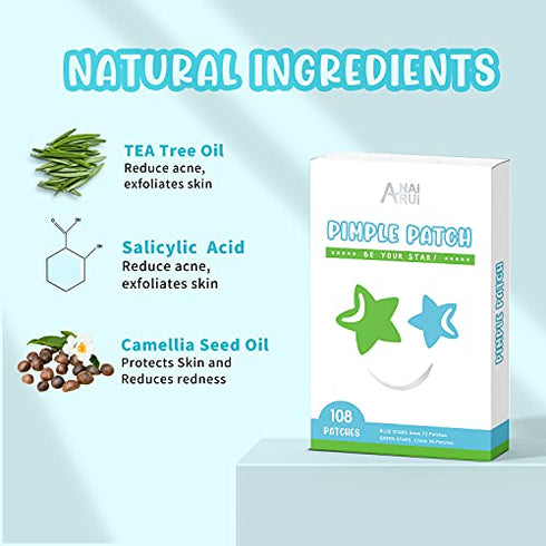 Star-Shaped Pimple Patch Hydrocolloid Acne Stickers with Tea Tree Oil + Salicylic Acid, Cover Dot for Acne Blemish, Pimples, Whiteheads, Zit, Draw out Oil & Impurities, 108 Dots, 12mm & 8mm