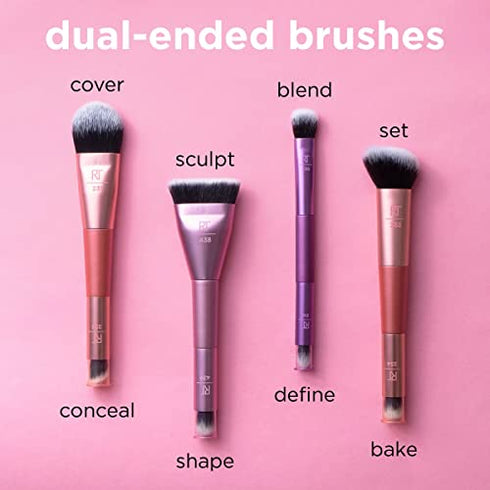 Real Techniques Sculpt & Shape Dual Ended 2-in-1 Makeup Brush, Contours Cheek, Nose, Eyes and Highlighter, Flat Head Blends & Intensifies Contour, Pink, 1 Count