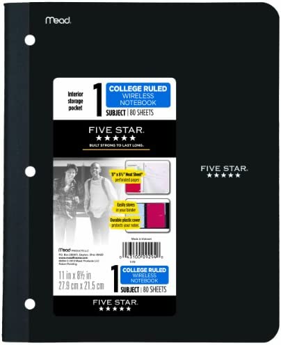 Five Star Bound Notebook with Pocket, 1 Subject, College Ruled Paper, 80 Sheets, 11" x 8-1/2", Color Selected For You, 1 Count (09294)