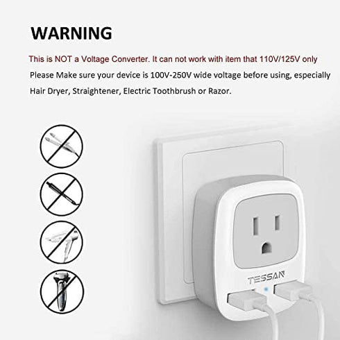 US to India Power Adapter, TESSAN International Grounded Travel Plug Adapter with 2 USB &1 American Sockets Outlet Charger, Type D Adaptor for Bangladesh Maldives Nepal Pakistan