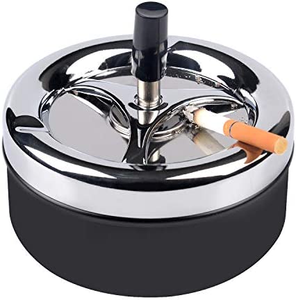 Round Push Down Stainless Steel Modern Tabletop Cigarette Ashtray with Spinning Tray, Cigarette Ashtray for Indoor or Outdoor Use, Ash Holder for Smokers, Desktop Smoking Ash Tray for Home Office