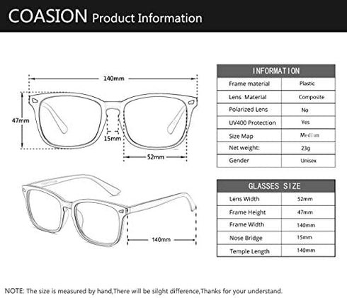 COASION Clear Glasses for Women Men Square Frame Fake Non-prescription Eyeglasses