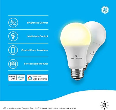 GE CYNC Smart LED Light Bulb, Soft White, Bluetooth and Wi-Fi Enabled, Alexa and Google Assistant Compatible (1 Pack), Packaging May Vary
