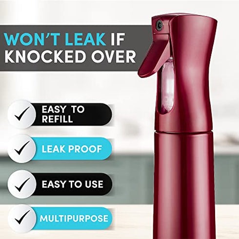 Hula Home Continuous Spray Bottle (10.1oz/300ml) Empty Ultra Fine Plastic Water Mist Sprayer – For Hairstyling, Cleaning, Salons, Plants, Essential Oil Scents & More - Red
