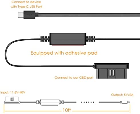 VANTRUE 10ft Type C USB OBD Hardwire Charger Cable N4, N2 Pro(2023), E1, E1 Lite, E2, E3, S2-3CH, S2-2CH, N2S, X4S, N1 Pro(2023), T3 Dash Cam and Other Type C USB Power Port Dash Cams